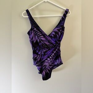 Miraclesuit Caliente One Piece Swimsuit Faux Wrap Purple Intrigue Eggplant US 12